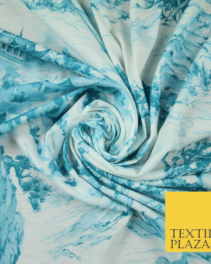 Light Blue with Off White Oriental Landscape Print Stretch Jersey Fabric 56"6651