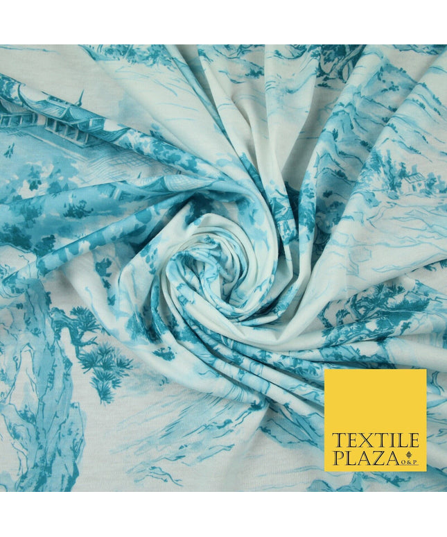Light Blue with Off White Oriental Landscape Print Stretch Jersey Fabric 56"6651