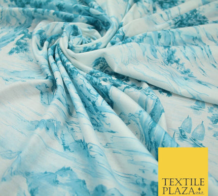 Light Blue with Off White Oriental Landscape Print Stretch Jersey Fabric 56"6651