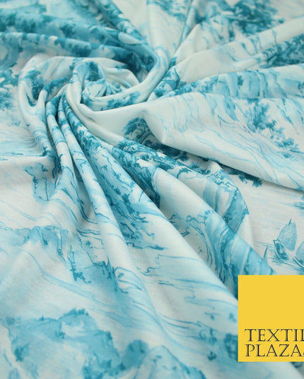 Light Blue with Off White Oriental Landscape Print Stretch Jersey Fabric 56"6651