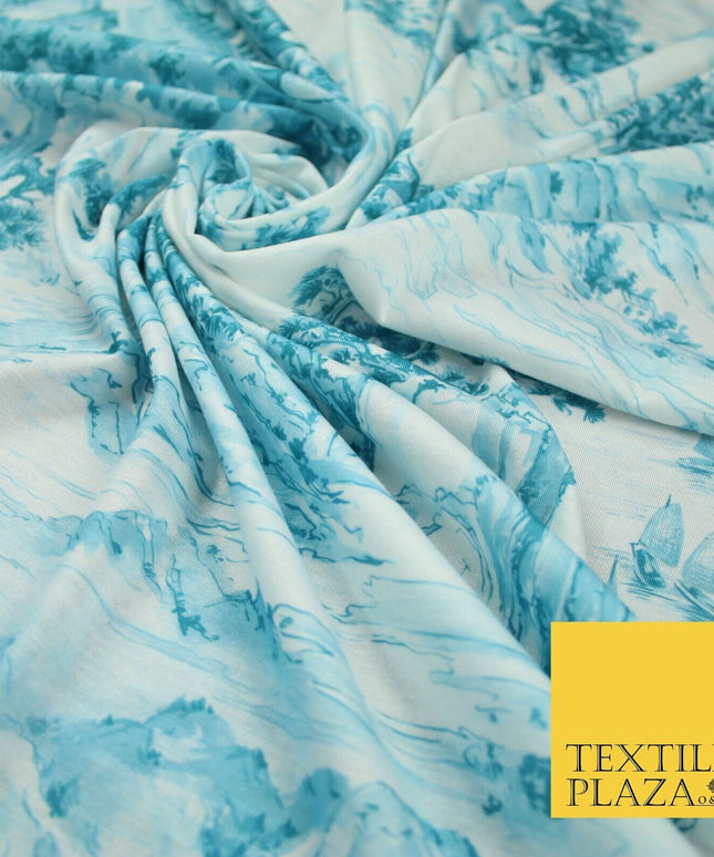 Light Blue with Off White Oriental Landscape Print Stretch Jersey Fabric 56"6651