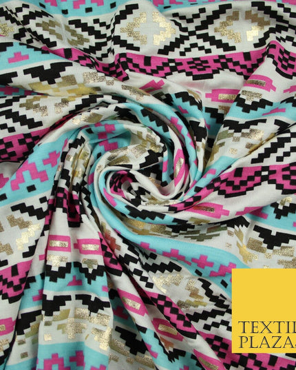 Aztec Print with Metallic Gold Detail Soft Touch Stretch Jersey Fabric 56" 6654