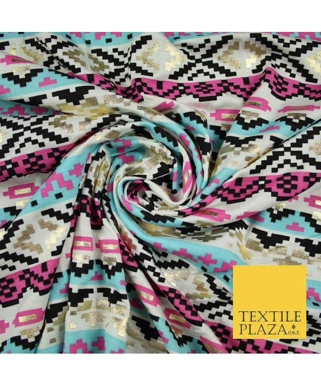 Aztec Print with Metallic Gold Detail Soft Touch Stretch Jersey Fabric 56" 6654