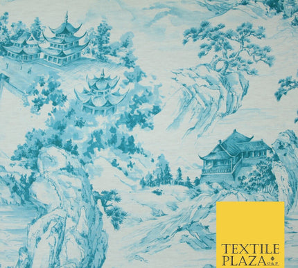 Light Blue with Off White Oriental Landscape Print Stretch Jersey Fabric 56"6651