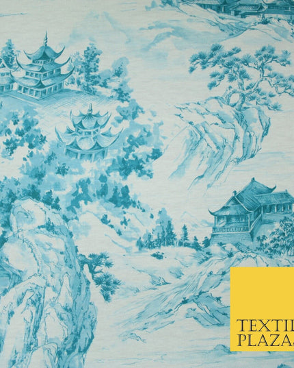 Light Blue with Off White Oriental Landscape Print Stretch Jersey Fabric 56"6651
