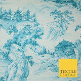 Light Blue with Off White Oriental Landscape Print Stretch Jersey Fabric 56"6651