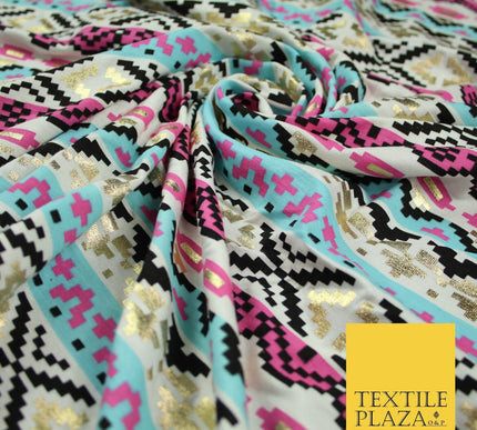 Aztec Print with Metallic Gold Detail Soft Touch Stretch Jersey Fabric 56" 6654