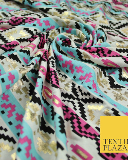 Aztec Print with Metallic Gold Detail Soft Touch Stretch Jersey Fabric 56" 6654