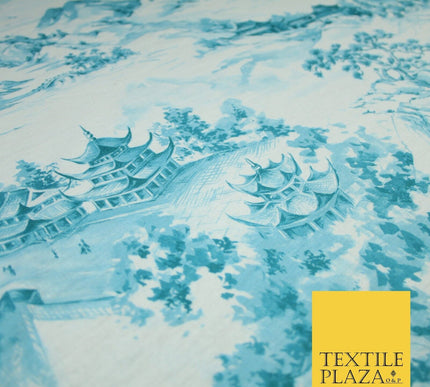 Light Blue with Off White Oriental Landscape Print Stretch Jersey Fabric 56"6651