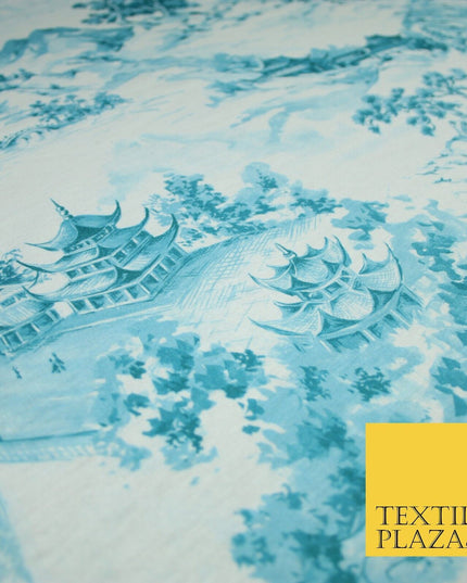 Light Blue with Off White Oriental Landscape Print Stretch Jersey Fabric 56"6651