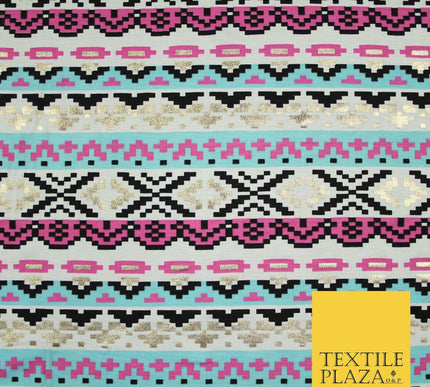 Aztec Print with Metallic Gold Detail Soft Touch Stretch Jersey Fabric 56" 6654