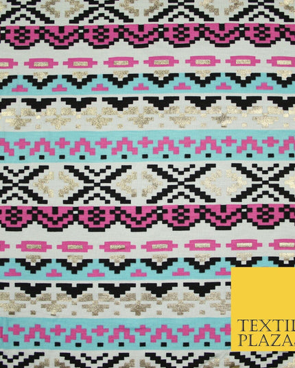Aztec Print with Metallic Gold Detail Soft Touch Stretch Jersey Fabric 56" 6654