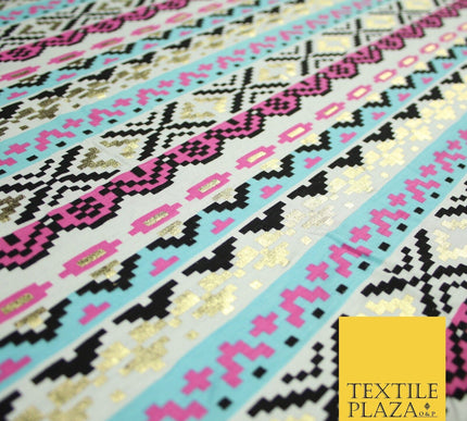 Aztec Print with Metallic Gold Detail Soft Touch Stretch Jersey Fabric 56" 6654