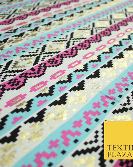 Aztec Print with Metallic Gold Detail Soft Touch Stretch Jersey Fabric 56" 6654