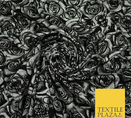 Black & White Skulls Roses Print Soft Stretch Jersey Fabric 56" 6647