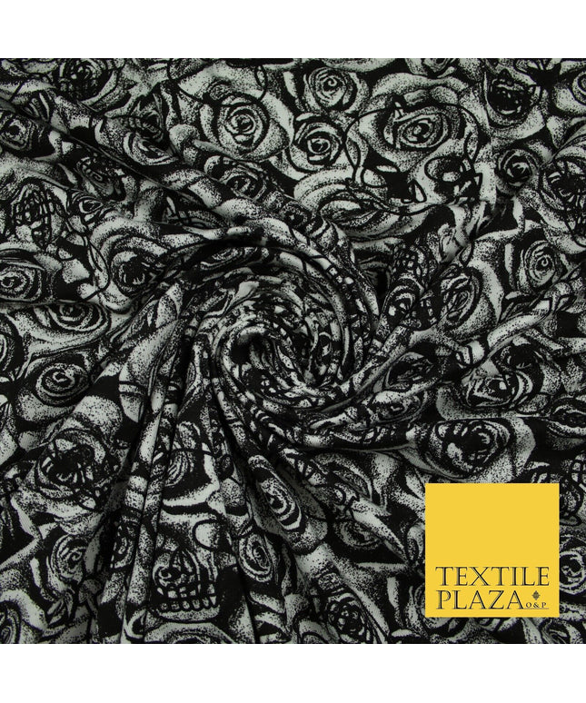 Black & White Skulls Roses Print Soft Stretch Jersey Fabric 56" 6647