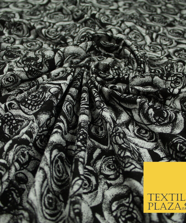 Black & White Skulls Roses Print Soft Stretch Jersey Fabric 56" 6647