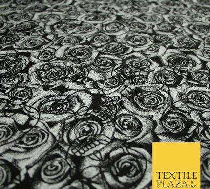 Black & White Skulls Roses Print Soft Stretch Jersey Fabric 56" 6647
