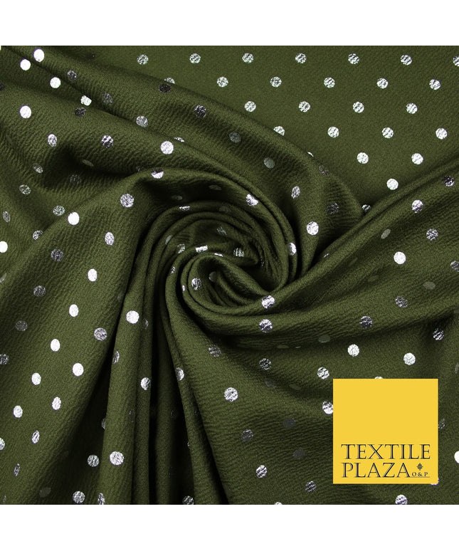Khaki Green & Metallic Silver Polka 6mm Dot Print Stretch Jersey Fabric 56" 6636