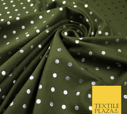 Khaki Green & Metallic Silver Polka 6mm Dot Print Stretch Jersey Fabric 56" 6636