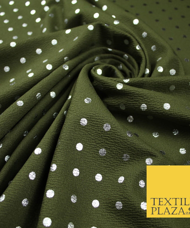 Khaki Green & Metallic Silver Polka 6mm Dot Print Stretch Jersey Fabric 56" 6636