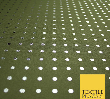 Khaki Green & Metallic Silver Polka 6mm Dot Print Stretch Jersey Fabric 56" 6636