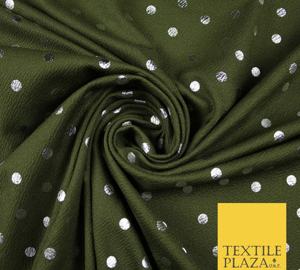 Khaki Green & Metallic Silver Polka 9mm Dot Print Stretch Jersey Fabric 56" 6635