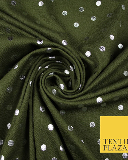 Khaki Green & Metallic Silver Polka 9mm Dot Print Stretch Jersey Fabric 56" 6635