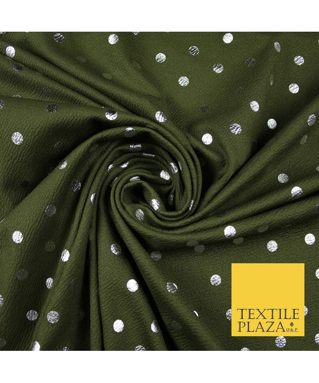 Khaki Green & Metallic Silver Polka 9mm Dot Print Stretch Jersey Fabric 56" 6635