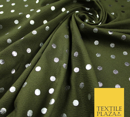Khaki Green & Metallic Silver Polka 9mm Dot Print Stretch Jersey Fabric 56" 6635