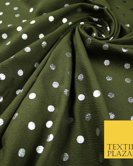 Khaki Green & Metallic Silver Polka 9mm Dot Print Stretch Jersey Fabric 56" 6635