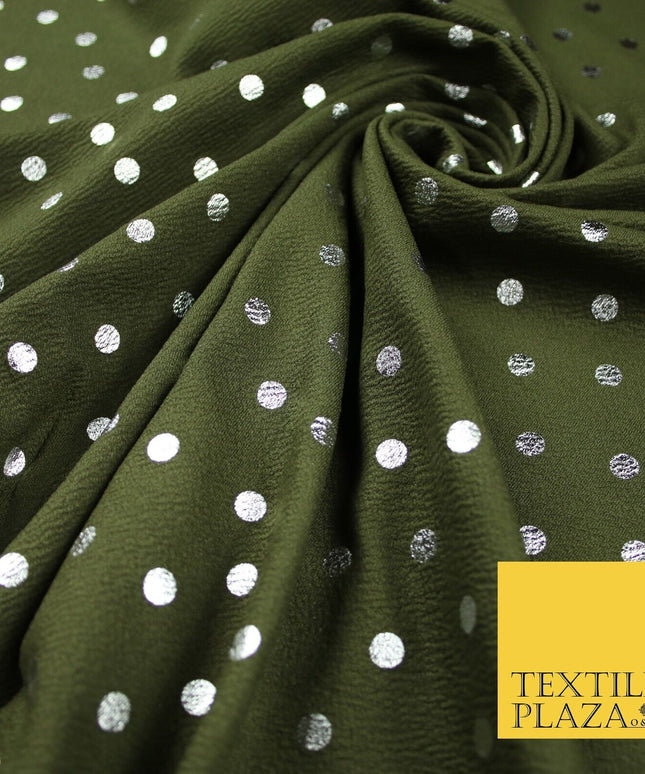 Khaki Green & Metallic Silver Polka 9mm Dot Print Stretch Jersey Fabric 56" 6635