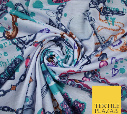 Travel Adventure Charm Bracelet Print Stretch Jersey Fabric 56" 6640