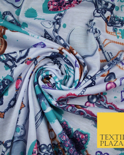 Travel Adventure Charm Bracelet Print Stretch Jersey Fabric 56" 6640