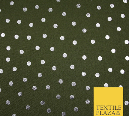 Khaki Green & Metallic Silver Polka 9mm Dot Print Stretch Jersey Fabric 56" 6635