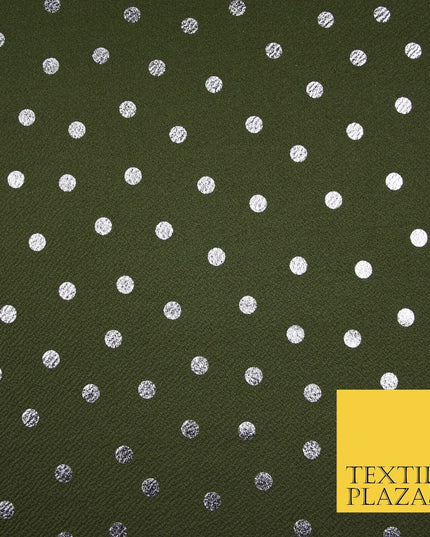 Khaki Green & Metallic Silver Polka 9mm Dot Print Stretch Jersey Fabric 56" 6635