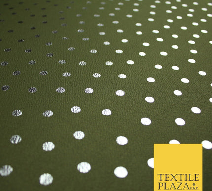 Khaki Green & Metallic Silver Polka 9mm Dot Print Stretch Jersey Fabric 56" 6635