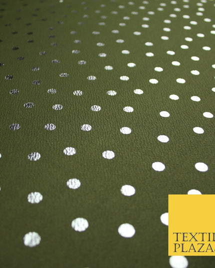 Khaki Green & Metallic Silver Polka 9mm Dot Print Stretch Jersey Fabric 56" 6635