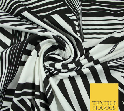 White & Black Stripe Abstract Print Soft Touch Stretch Jersey Fabric 56" 6628