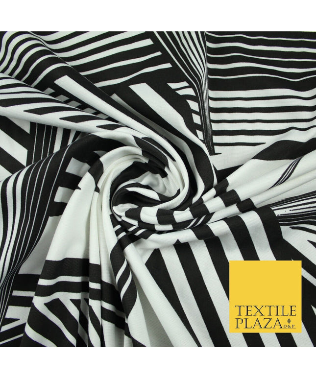 White & Black Stripe Abstract Print Soft Touch Stretch Jersey Fabric 56" 6628