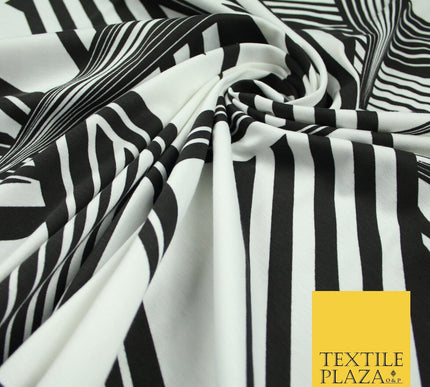 White & Black Stripe Abstract Print Soft Touch Stretch Jersey Fabric 56" 6628