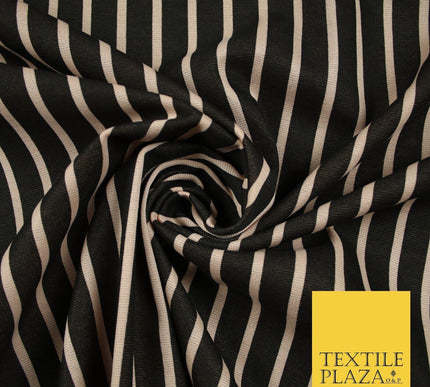 Black & Beige Stripe Print Soft Touch Stretch Jersey Fabric 56" 6623