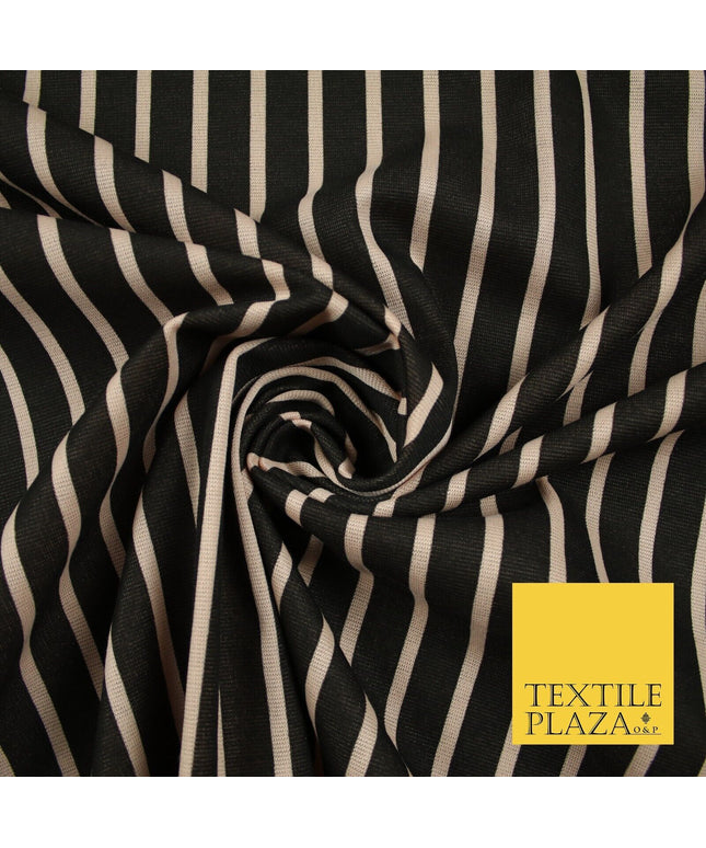 Black & Beige Stripe Print Soft Touch Stretch Jersey Fabric 56" 6623