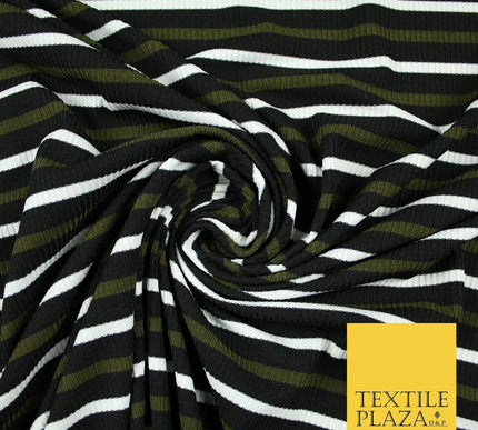Black, White & Khaki Green Ribbed Stripe Print Stretch Jersey Fabric 56" 6626