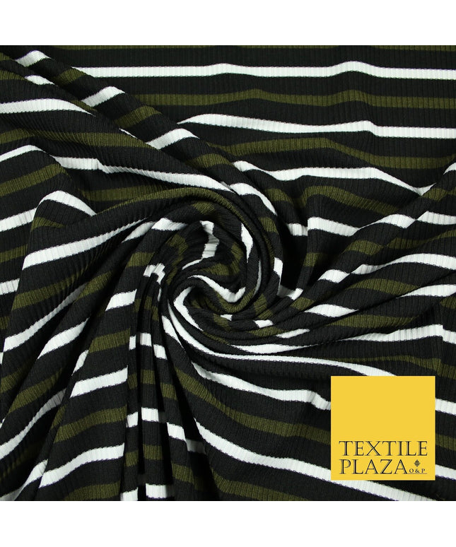 Black, White & Khaki Green Ribbed Stripe Print Stretch Jersey Fabric 56" 6626