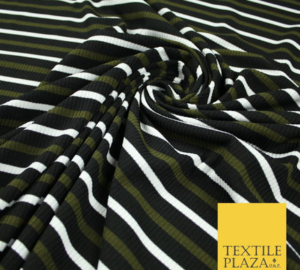 Black, White & Khaki Green Ribbed Stripe Print Stretch Jersey Fabric 56" 6626