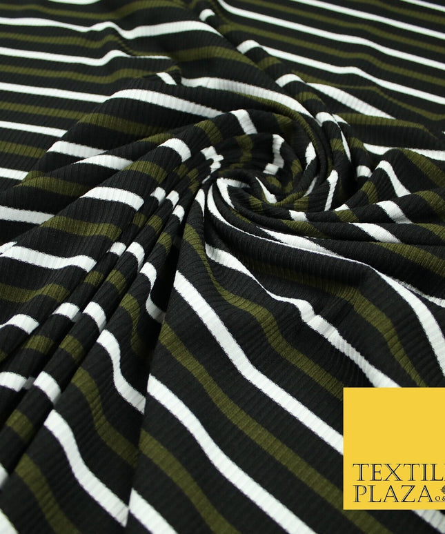 Black, White & Khaki Green Ribbed Stripe Print Stretch Jersey Fabric 56" 6626