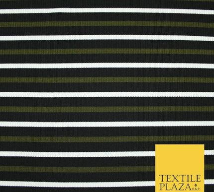 Black, White & Khaki Green Ribbed Stripe Print Stretch Jersey Fabric 56" 6626