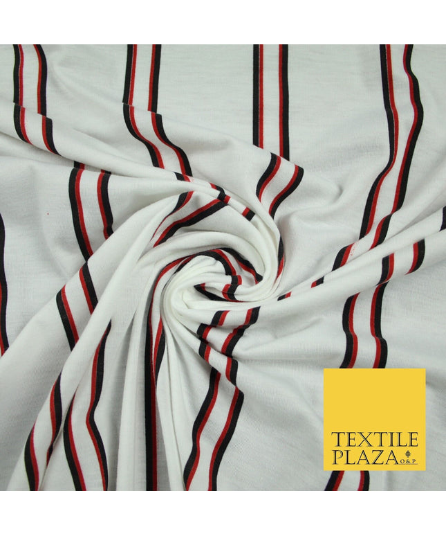 White with Black & Red Stripe Print Soft Touch Stretch Jersey Fabric 56" 6625