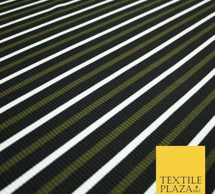 Black, White & Khaki Green Ribbed Stripe Print Stretch Jersey Fabric 56" 6626